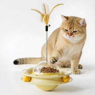 4in1 고양이 스피너 장난감 간식기 깃털 스틱 혼자노는 작용하는 장난감, 1개, 노랑