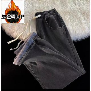 부엉구구 OW0004A 여성 겨울 캐주얼 기모 일자 루즈핏 데님 팬츠
