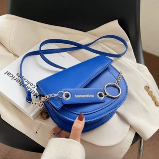 小衆設計百搭ins斜挎包女包2024新款潮時尚撞色馬鞍包女單肩小包, 藍色