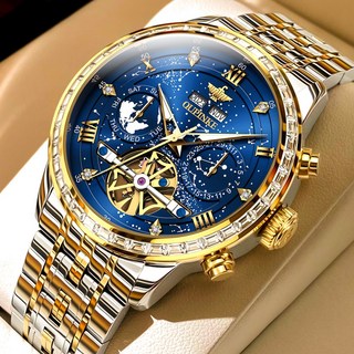 OUPINKE 남성 시계 정품 자동 기계식 오토매틱 럭셔리 명품 워터프루프 야광 메탈 큐빅 다기능 별이 손목