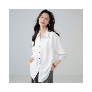 輕薄透氣長袖襯衫女 - 春夏秋通勤打底寬鬆休閒長版純色簡約V領白襯衫