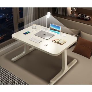 多功能折疊床上書桌 可攜式電腦桌 床邊桌 筆記本電腦學習懶人桌, 暖白 USB+護眼燈, 暖白 USB+護眼燈