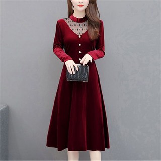 TKX 롱원피스 여성 우아한 레트로 벨벳 반하이넥 플레어 드레스 연말룩 A라인