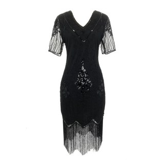 歐美跨境流蘇派對晚禮服1920復古亮片訂珠大碼連衣裙亞馬遜爆款女