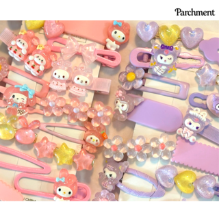 [파치먼트] 국내 산리오 캐릭터 머리핀세트 14P 마이멜로디 쿠로미 키티 헤어핀 똑딱핀 집게핀