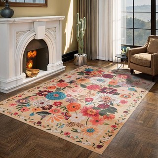 입구용 꽃무늬 러그 5.1 x 7.6cm(2 x 3인치) 세탁 가능한 주방 매트 초박형 부드러움 미끄럼 방지 실내 도어 카펫 얼룩 방지 보헤미안 소형 로우 파일 담요 욕실