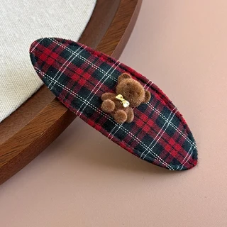 귀여운 만화 곰 헤어 클립 패브릭 체크무늬 사이드 클립 달콤한 소녀용 타원형 앞머리 클립 헤어핀 바레트, 03 27399E red black