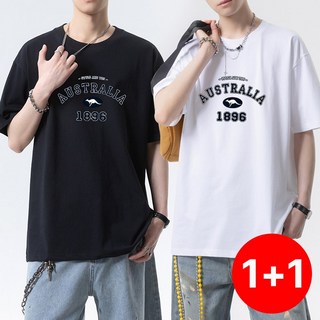 1+1스타일아유 심플 레터링 프린트 오버핏 라운드 캐주얼 반팔 티셔츠 남성용 TS3648