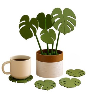 몬스테라 조화 화분 컵 코스터 컵받침 인테리어 소품 집들이 선물 오브제 추천, 그린, 1개