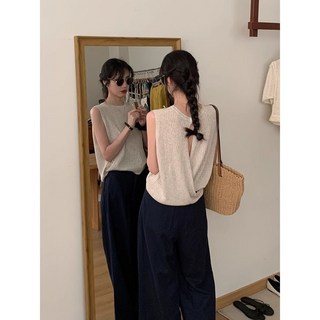 無袖上衣夏季薄款露背針織背心，交叉法式新款別緻鏤空顯瘦