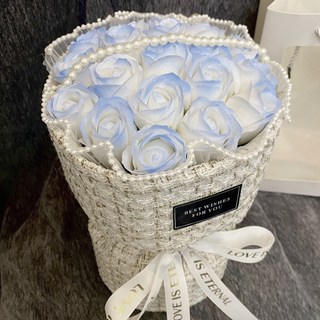 乾燥花永生花束 生日畢業情人節禮物 精選花材長久保存 碎冰藍玫瑰附燈, 高檔ins小香風-碎冰藍玫瑰19朵+燈袋