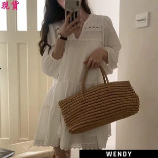 Wendy 白色洋裝 連身裙 民族風鏤空法式拼接長袖洋裝 夏季波西米亞寬鬆A字短裙 清新, XL（推薦115-130斤）,白色    原版高品質