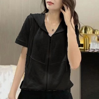 페이준 여성 여름 후드티 반팔 날씬해 보이는 루즈핏 집업 아우터 카디건 반팔 캐주얼 빅사이즈 티 HY6162