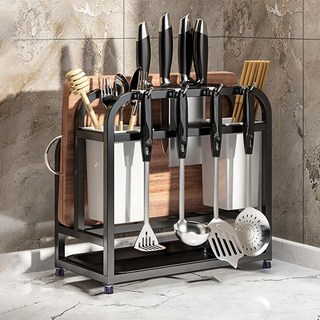 가정용 주방정리 스텐 올인원 칼블럭 수저통 다용도 스탠드형 키친툴 홀더 도마거치대, 블랙, 1개