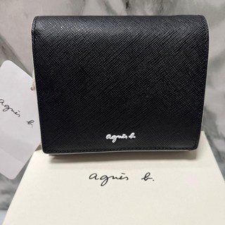 agnes b.經典 LOGO 荔枝紋防刮皮革短夾 黑色短夾 女款皮夾 零錢包三折短夾