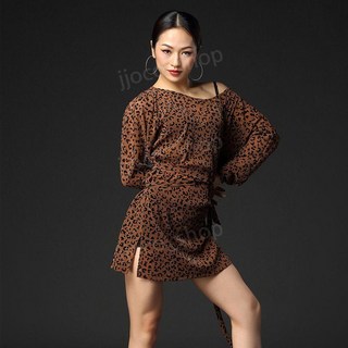 라인 댄스 원피스 호피 드레스 스포츠 댄스복 연습 공연 살사 무대 의상, 호피-긴소매