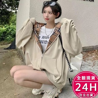 【梨卡】女裝加厚內鋪毛格紋連帽衛衣外套 - 氣質保暖中長版外套【現貨24H】