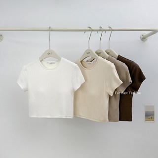 Fee現貨9色 正韓圓領素色短上衣BRA TOP 短袖 女上衣 短版T恤 罩杯 胸墊 素色 圓領 GAT 韓國女裝