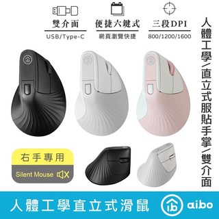 aibo 人體工學 2.4G 無線靜音滑鼠 (粉色) - USB/Type-C 雙介面 三段DPI, 夜幕黑, LY-ENMSVE02