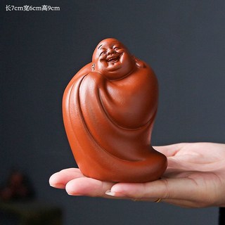 賣場新品招財擺飾招財彌勒擺件風水擺飾紫砂茶寵禪意擺件彌勒佛擺件茶寵擺件手工可養茶玩朱泥佛像茶桌擺件茶玩, 1個, 歡喜彌勒佛一