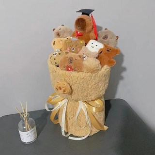 新品熱賣 卡皮巴拉花束 水豚花束 毛絨花束 水豚君玩偶花束 畢業花束 生日禮物, 1個, 棕色學士款 禮袋 賀卡