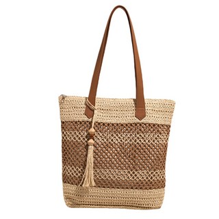 森系珠串流蘇雙色編織肩背包 草紙紗皮革側背包 托特包 多款顏色