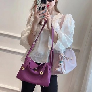 頭層牛皮mini醫生包，單肩斜挎，大象灰，Lindy手提包, 1個, 海葵紫【金扣】26cm