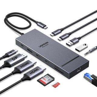 UGREEN 유그린 Revodok 12 in 1 USB 허브 트리플 4K C타입허브 2HDMI DP USB3.2 USB허브10Gbps SD/TF RJ45 PD100W USB멀티탭, 1개, Grey