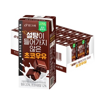 빙그레 설탕이 들어가지 않은 초코우유, 24개, 190ml
