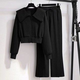 春秋必備｜時尚運動兩件套｜長袖外套+闊腿長褲 | 休閒套裝女 a0067