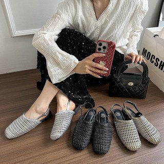 鏤空編織坡跟涼鞋 一腳蹬穆勒鞋, 黑色,38