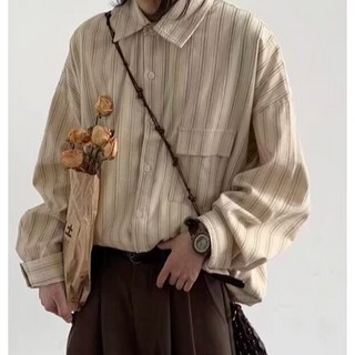 復古豎條條紋短袖襯衫 夾心條紋設計感 寬鬆古著襯衣 學院風 男女 寬鬆休閒 鹽系襯衣