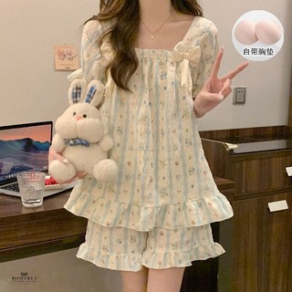 ROSECREET 夏季帶胸墊睡衣 韓版甜美公主風家居服 短袖短褲雲朵棉睡衣套裝