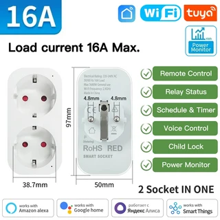 TNCE Tuya 16A/20A WiFi/Zigbee3.0 스마트 소켓 EU 플러그 전력 모니터링 타이밍 기능 포함 Alexa와 작동, 01 wifi 2socket 16A