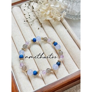 不醉ꕥ「藍境微光」藍紋瑪瑙 青金石 白水晶 紫水晶 黑銀月光·釋放緊張情緒/提高溝通能力/天然水晶手鏈, 15-16公分