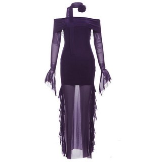 【性感修身】旗袍連衣裙 一字肩連衣裙 魚尾裙 包臀裙 禮服裙 網紗長袖 新中式改良 夏季約會派對 顯瘦氣質女神, YY8162深紫色