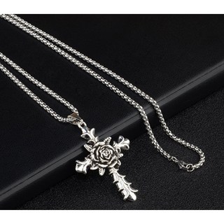 歐美個性復古玫瑰花十字架鈦鋼項鍊 方形珍珠鍊 男女長項鍊 嘻哈情侶吊墜 毛衣鏈 父親節受洗禮物