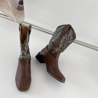 라오농 굵은 굽 웨스턴 카우보이 부츠 여성용 V-입 자수 슬리브 부츠 +11hLIVtLL