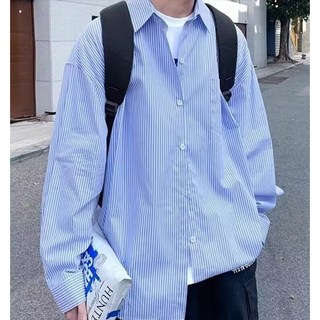 經典款條紋長袖襯衫 OVERSIZE韓國上衣 情侶防曬薄款男女長袖襯衫外搭罩衫