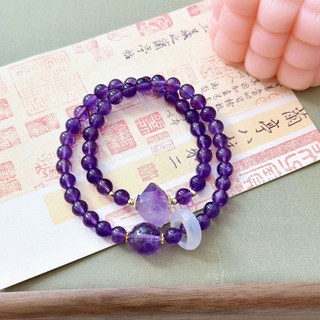 原創天然紫水晶雙圈手鍊，搭配白玉隨跑環，小眾設計手串