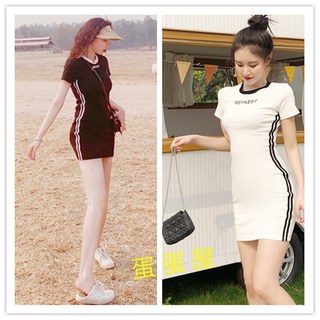 有間小鋪 港味字母印花連身裙 中短裙 打底連體裙 春夏雙條紋運動風短袖連衣裙 收腰削邊包臀塑型 彈力緊身裙, 黑,2XL