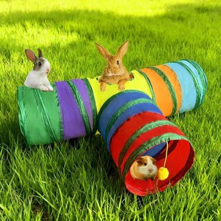 토끼 터널 및 튜브 접이식 3방향 무지개 고양이 강아지 페럿용 놀이 장난감 매달린 공 포함 인터랙티브 장난감으로 재미있는 놀이와 운동, Rainbow