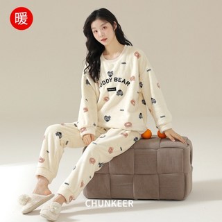 冬季睡衣女法蘭絨圓領套頭親膚舒適珊瑚絨長袖長褲家居服套裝秋冬