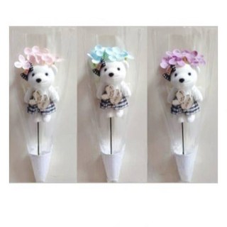 小熊娃娃單支花束：香皂花、繡球花、向日葵、玫瑰花，冰淇淋熊泡沫熊，盆栽點綴/居家裝飾/婚禮小物/畢業禮物, 小熊隨機, 粉色 繡球花, 1件