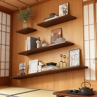 [FONDERA] 통원목 튼튼한 일자형 벽걸이 거치대 신상품 고하중 나무 인테리어 벽선반 세트 ( 4P ), 호도색