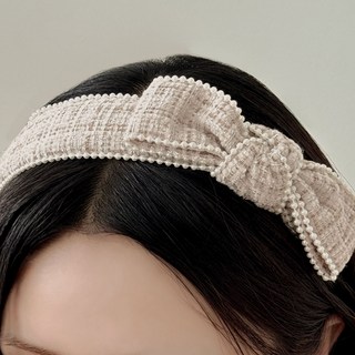 온리유 클래식 트위드 진주 사이드 리본 머리띠 하객룩 헤어밴드