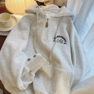 日系復古小狗刺繡連帽衛衣男情侶款半拉鍊秋冬加厚加絨上衣外套潮