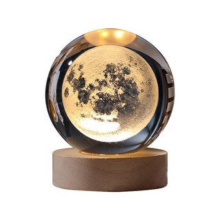 水晶球小夜燈 宇宙銀河系列小夜燈 實木底座發光水晶 交換禮物 夜燈 氛圍燈 裝飾擺件 星空燈 桌面小夜燈 夜燈, 水晶燈-月球