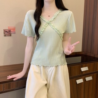 스타일아유 예쁜 브이넥 무지 시원한 니트 반팔 슬림 티셔츠 캐주얼 KN1539