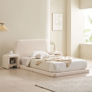 장인가구 도우 부클레 패브릭 헤드형 평상형 호텔 침대 SS+협탁2+본넬, 크림화이트